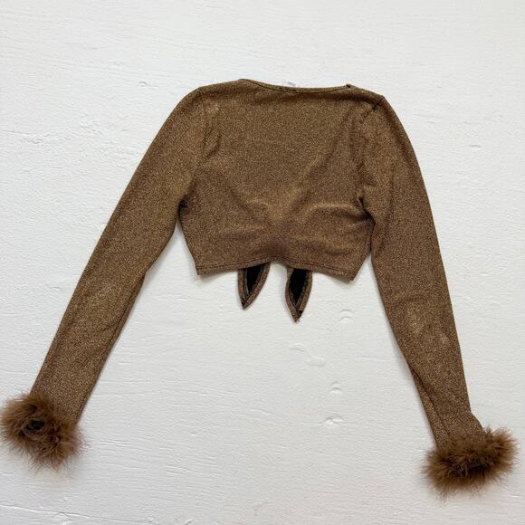 Y2K Sparkly Gold Tie Front Crop Top Shrug Feather Trim, Size Small - Picture 6 of 6
